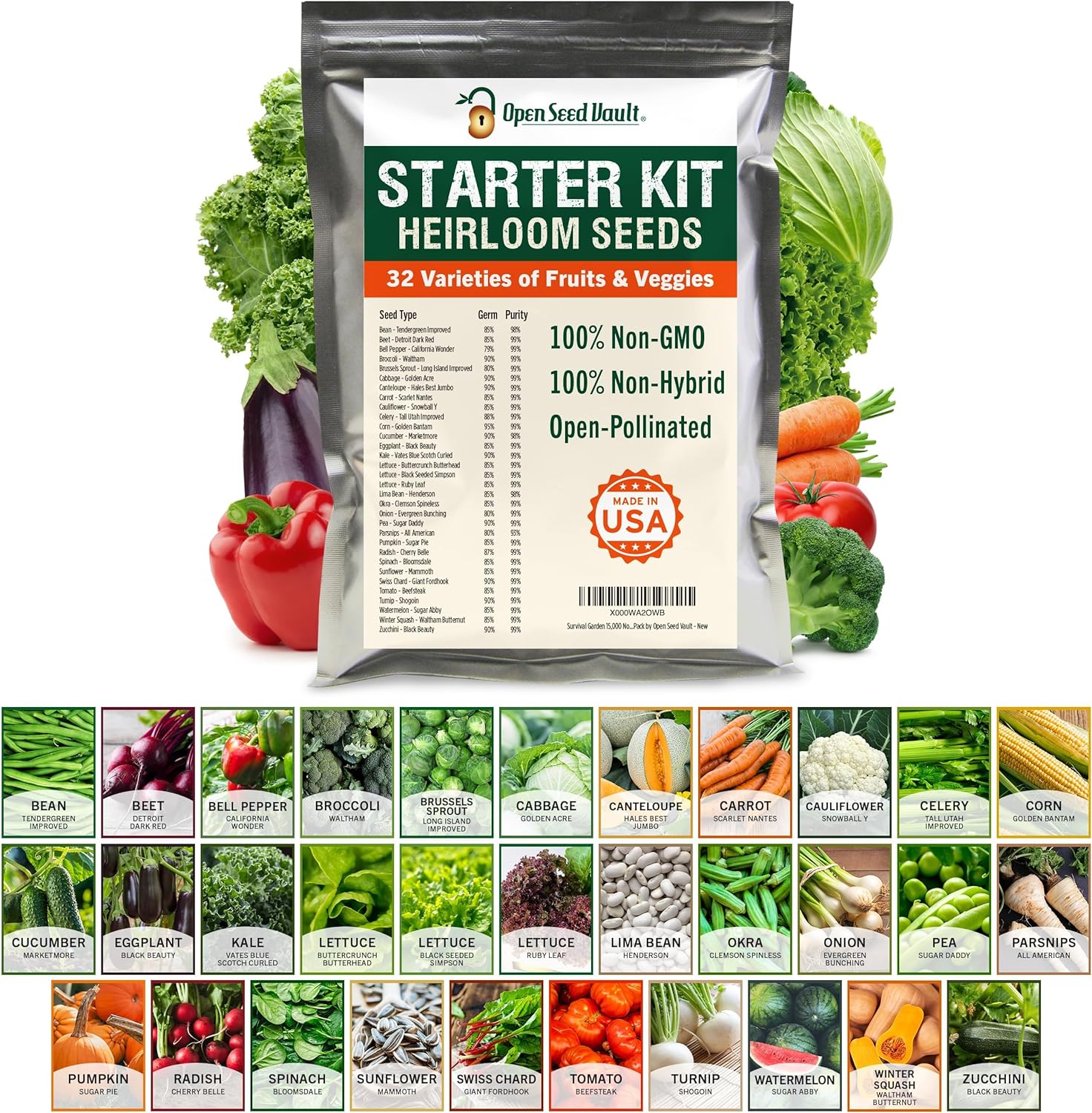 15,000+ Non-GMO Heirloom Vegetable Seeds 32 Variety Pack by Open Seed Vault