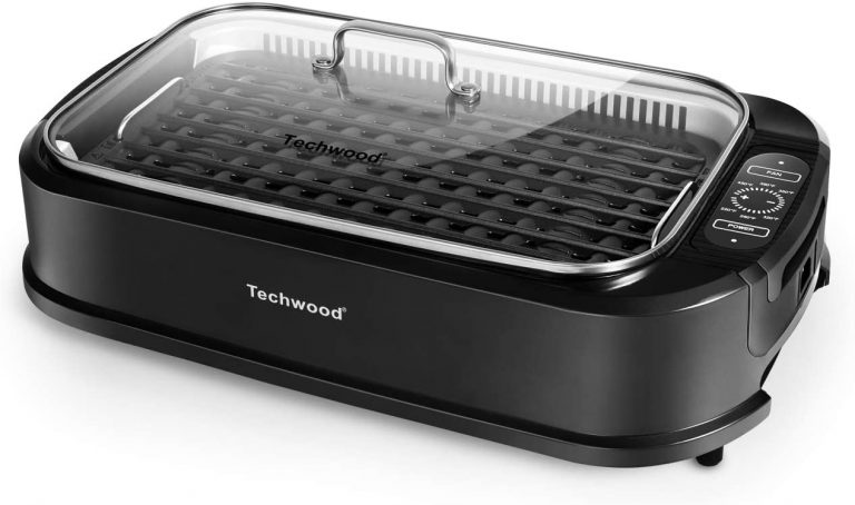 Techwood Smokeless Grill 1500W indoor Grill with Tempered Glass Lid, Compact & Portable Non-stick BBQ Grill, Turbo Smoke Extractor Technology, Drip Tray& Removable Plate