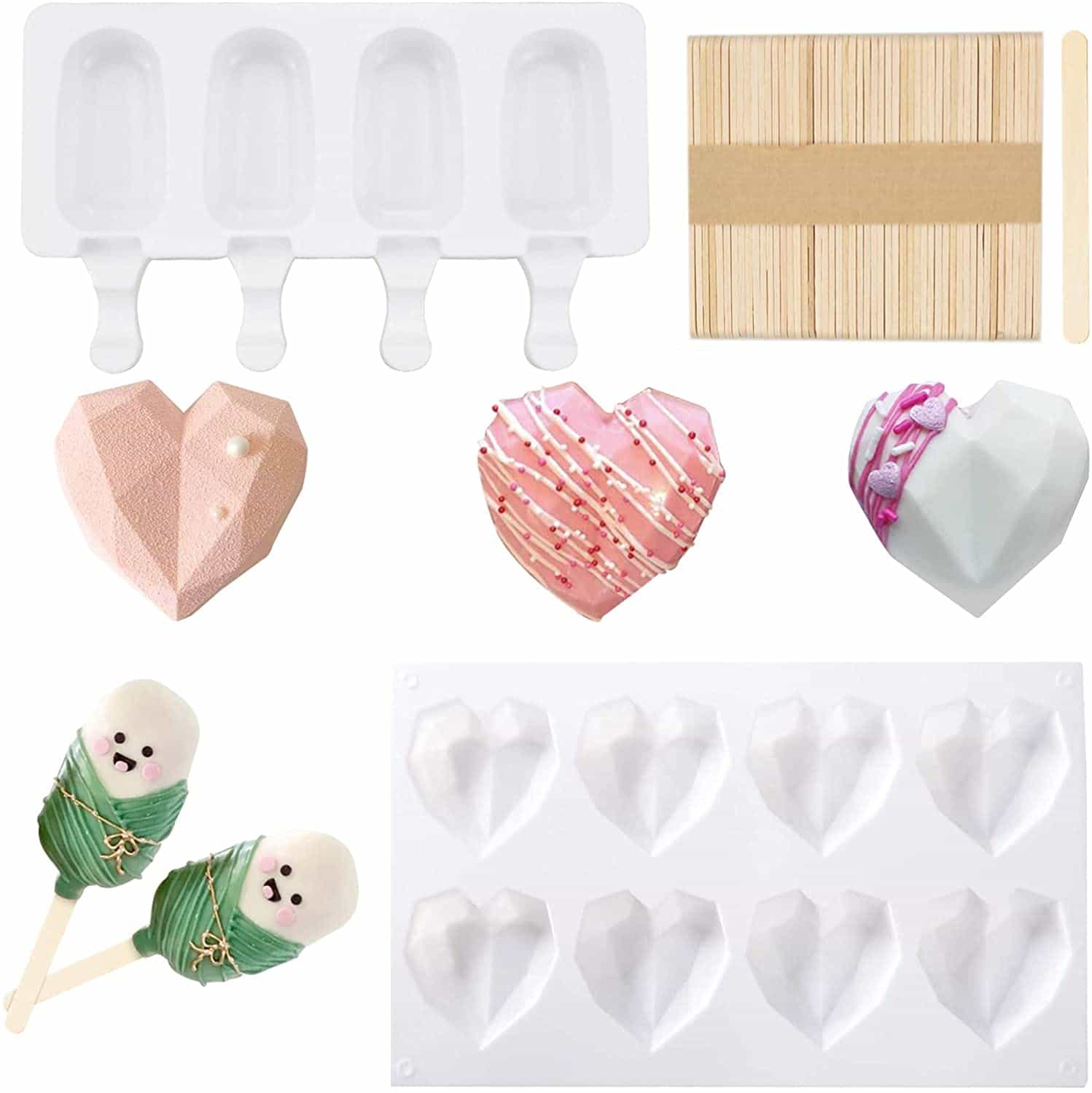 Heart Shaped Chocolate Mold and Popsicle Mold Set- 8 cavities Diamond Heart Mousse Cake Mold Tray +4 Cavities Popsicle Maker for Making Ice Cream Chocolate Heart Shaped Chocolate Mold and Popsicle Mold Set- 8 cavities Diamond Heart Mousse Cake Mold Tray +4 Cavities Popsicle Maker for Making Ice Cream Chocolate
