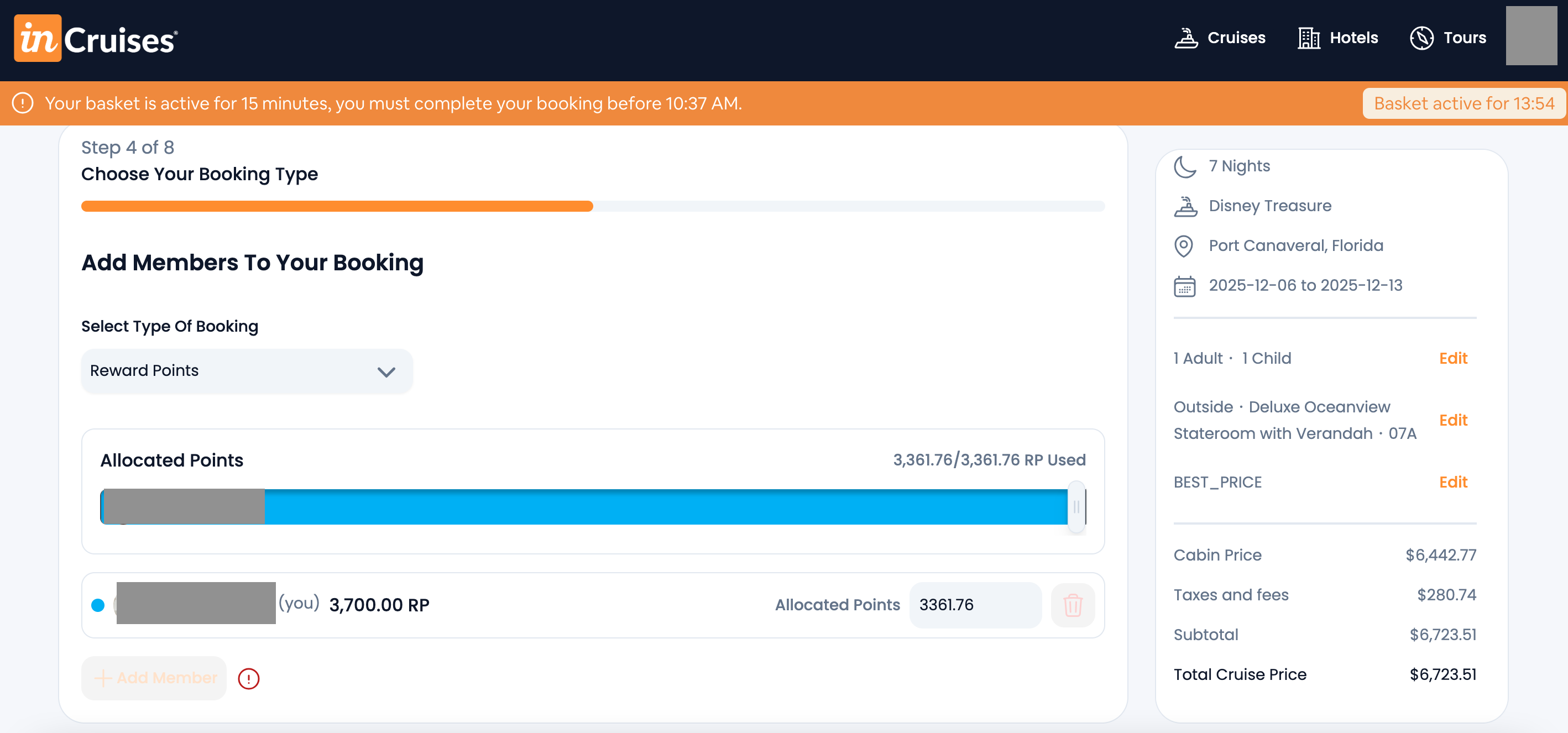 Disney Treasure cruise reward points