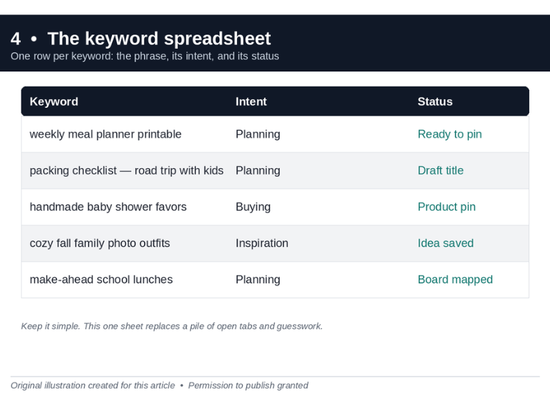 One row per keyword: the phrase, its intent bucket, and its status